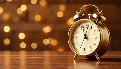 Elegant golden clock nearing midnight on polished wood, New Year celebration