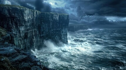 A dramatic nature landscape featuring rugged cliffs, dark skies, and rolling waves crashing onto a rocky shore.