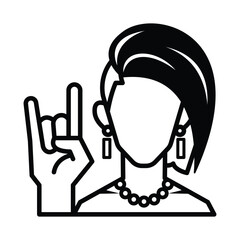 Edgy female rock on gesture icon Punk hairstyle stylish earrings pearl necklace Bold attitude music culture modern