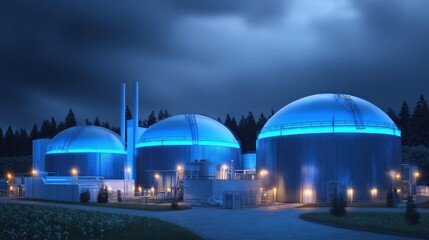Obraz premium Industrial facility illuminated by blue lights against dark sky at night with trees in background and modern architecture design