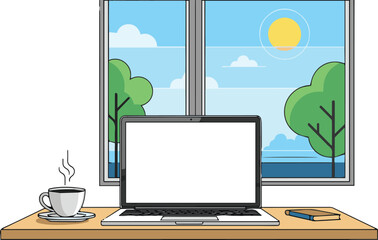 Fototapeta premium Cozy home office setup with a laptop and steaming coffee by the window on a sunny day