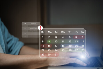 Time management concept showing a person planning tasks using a digital calendar and checklist on laptop, emphasizing scheduling efficiency, productivity tools, and online reminders for business goals