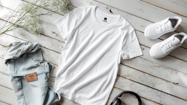 White tshirt mockup flat lay with jeans, white sneakers, headphones, and babys breath flowers on wooden background, 4k high quality footage