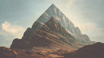A striking mountain range with rugged peaks emerges from a landscape, creating a captivating double exposure effect against a soft blue sky with scattered clouds.
