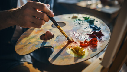Obraz premium Close Up of Colorful Oil Paint Palette with Artist Hand and Brush, Painting Process, Creative Art Concept, Studio Lighting and Texture Detail