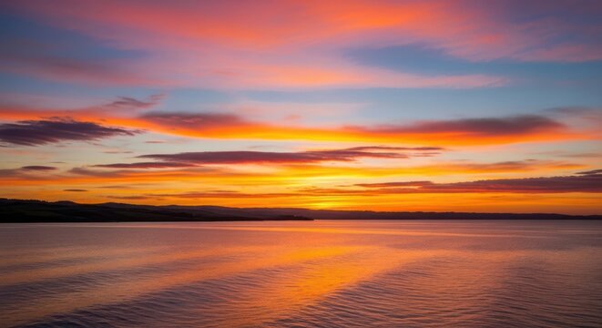 Vibrant sunset over water reflecting fiery orange and purple sky colors - Powered by Adobe