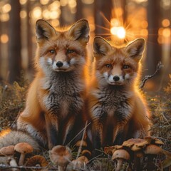 Obraz premium Two charming red foxes peacefully sit amidst a lush forest setting. The animals appear relaxed and curious, creating a serene and natural scene. Perfect for nature, wildlife, or animal photography.