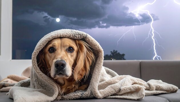 Dog wrapped in a blanket on a couch, a storm with lightning outside the window
