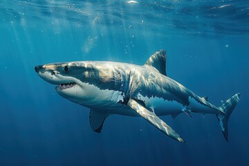 Fototapeta premium A majestic great white shark gracefully swims through the deep blue ocean, with bubbles rising from its mouth, highlighting its powerful presence in the underwater world.