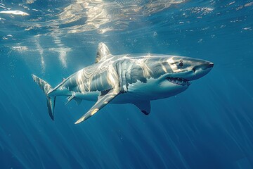 Fototapeta premium A magnificent great white shark gracefully swims through the ocean depths, prominently displaying its formidable teeth and hydrodynamic physique.