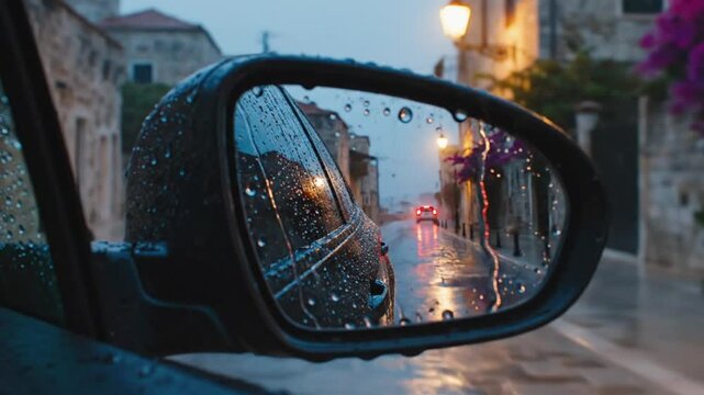 Rainy city street view from car side mirror during dusk, with raindrops and streetlights reflecting