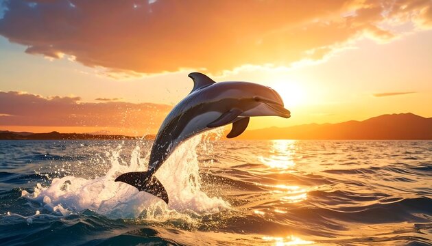 Dolphin leaps from shimmering sea under a brilliant sunset sky, water splashing around it - Powered by Adobe