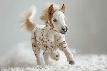 A white pinto pony with brown spots runs through a snowy landscape, its flowing mane and tail swept by the wind. A dynamic and beautiful scene of equine movement and winter.