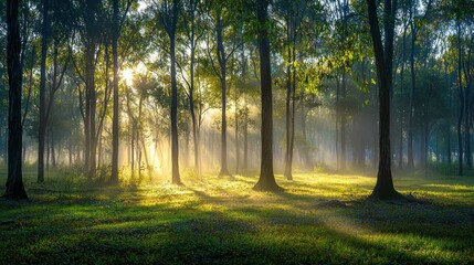 A eucalyptus forest in Australia at dawn, with mist rising from the ground and light filtering through the trees.