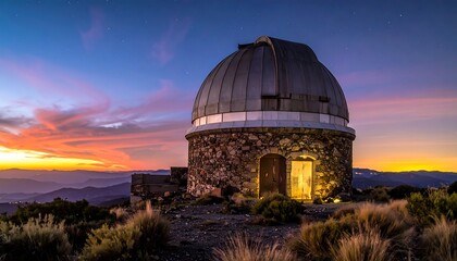Obraz premium Dome-shaped observatory atop hill illuminated against a colorful sunset, surrounded by shrubs and mountains