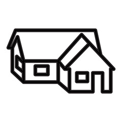 Outline drawing of a house complex in an isometric view consists of a main section with a pitched roof and an entry area. Related to architectural visualization, real estate development, mapping