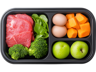 Colorful meal prep box filled with fresh veggies, proteins, and greens, ideal for healthy eating concepts, diet planning, nutrition, and balanced lifestyle visuals.
