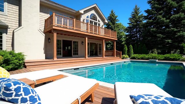 Luxury backyard pool and wooden deck at modern suburban house with lounge chairs in sunny outdoor environment
