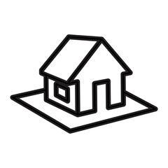 Outline drawing of a small house in an isometric view with a pitched roof, a front door opening, and a rectangular side window on a property plot. Related to real estate, mapping, architectural visual