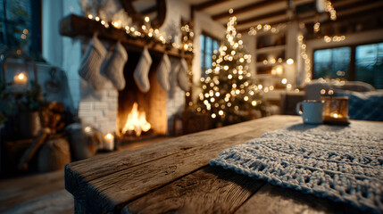 A cozy living room with a wooden table in the foreground. A decorated Christmas tree and a fireplace with stockings are visible in the background, creating a warm holiday atmosphere.