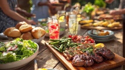 A family enjoying summer food at a BBQ, with grilled meats, fresh salads, and iced drinks on the table. © Sonita
