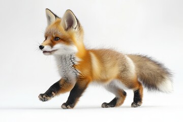 Obraz premium A vibrant image of a fox captured in mid-stride, showcasing its agility and grace against a clean white background. Perfect for marketing, website design, and illustrative purposes.