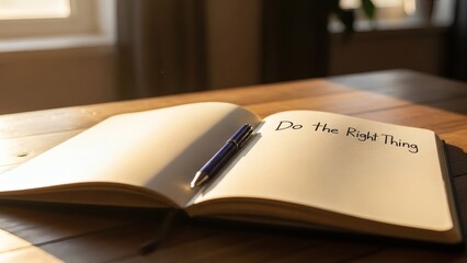 Inspirational notebook with 'Do the Right Thing' message on desk for National Conscience Month