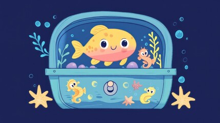 Cute fish in treasure chest, underwater scene, kids illustration, for children's book