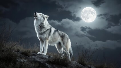 Naklejka premium Lone Wolf Howling at the Moon in the Night Sky.