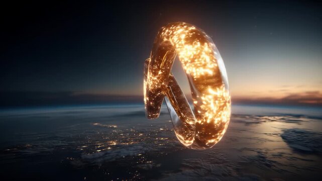 Glowing Golden Ring Orbiting Earth in Space, Luxury and Cosmic Technology Concept
