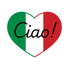 Italy Flag in Heart Cute Lovely Travel or Holiday Sticker or Label Symbol Icon with the Text Ciao (meaning Hi or Bye in Italian). Vector Image.