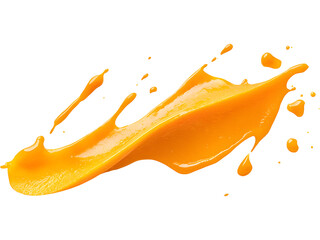 Naklejka premium Bright mango puree splash captured in dynamic motion, ideal for juice ads, tropical drink branding, summer promotions, and energetic food compositions.