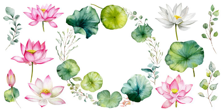 Beautiful watercolor lotus flower and leaf wreath for elegant floral designs
