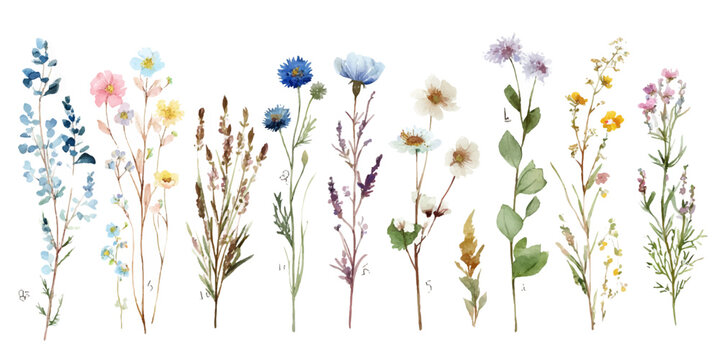 Beautiful collection of delicate wild flowers and herbs painted in watercolor style on a white background