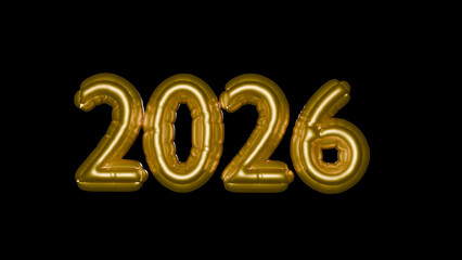 2026 golden balloon text  isolated on transparent background, new year 