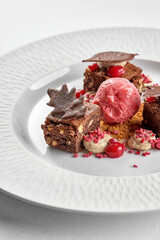 three squares of rich, nutty chocolate brownie are arranged around a central scoop of vibrant pink sorbet or ice cream
