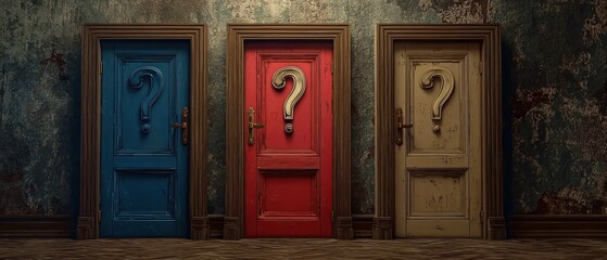 Eerie background of a dimly lit room with wooden flooring and three identical doors, suitable for horror game assets, mystery podcast art, or suspenseful digital compositions.