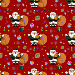 Christmas-style fabric art, Santa Claus, gifts, red background, vector image, background.