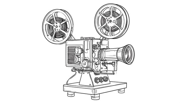 Detailed line drawing of a vintage film projector with reels on a white background, showcasing intricate details