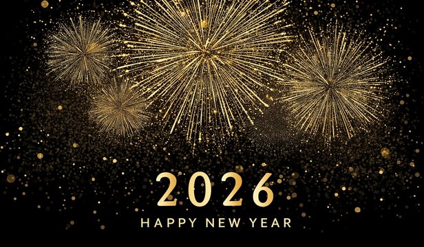 New year card design, the text "2026" is written in golden numbers on a black background with fireworks and sparkles around it, in a dark gold color scheme, with an elegant font style.