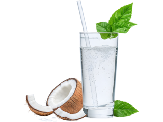 Clear glass of coconut water with straw, whole and halved coconut beside it, isolated. Perfect for beverage ads, healthy lifestyle visuals, and tropical product design.