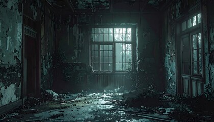 Dark, dilapidated room with light streaming from a large window, debris strewn across the floor