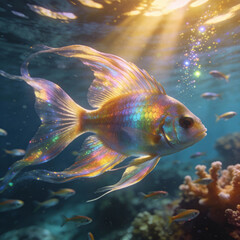 Iridescent Tropical Fish Swimming in Crystal Clear Ocean