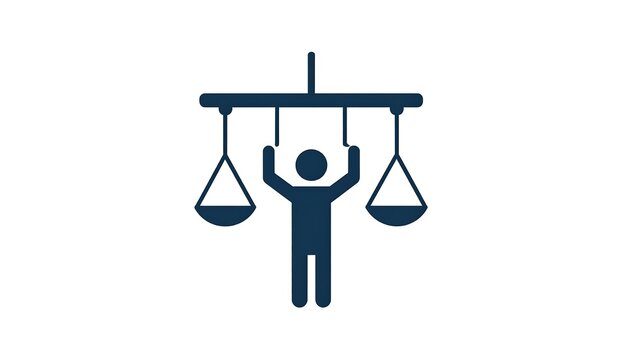 Dark blue figure hangs holding scales connected above their head, symbolizing balance and equality