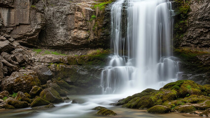 Fototapeta premium Serene waterfall cascading over rocks in lush green landscape 