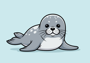 Obraz premium Cute cartoon seal lying down on a light blue background.