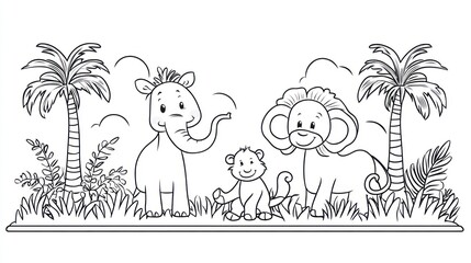 Cute jungle animals coloring page. Family scene