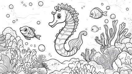 Cute seahorse coloring page underwater scene (1)