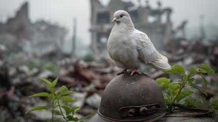 A white dove sits on top of a helmet