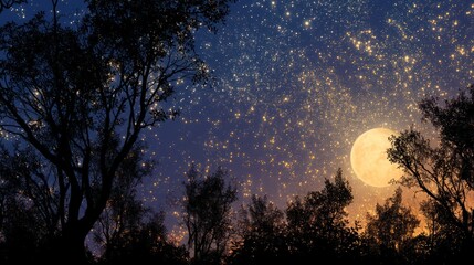 Fototapeta premium A fantasy-themed night scene with a glowing moon, silhouetted trees, and shimmering stars.